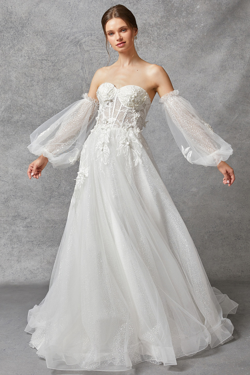 Detached Puff Sleeve Metallic A Line Bridal Gown