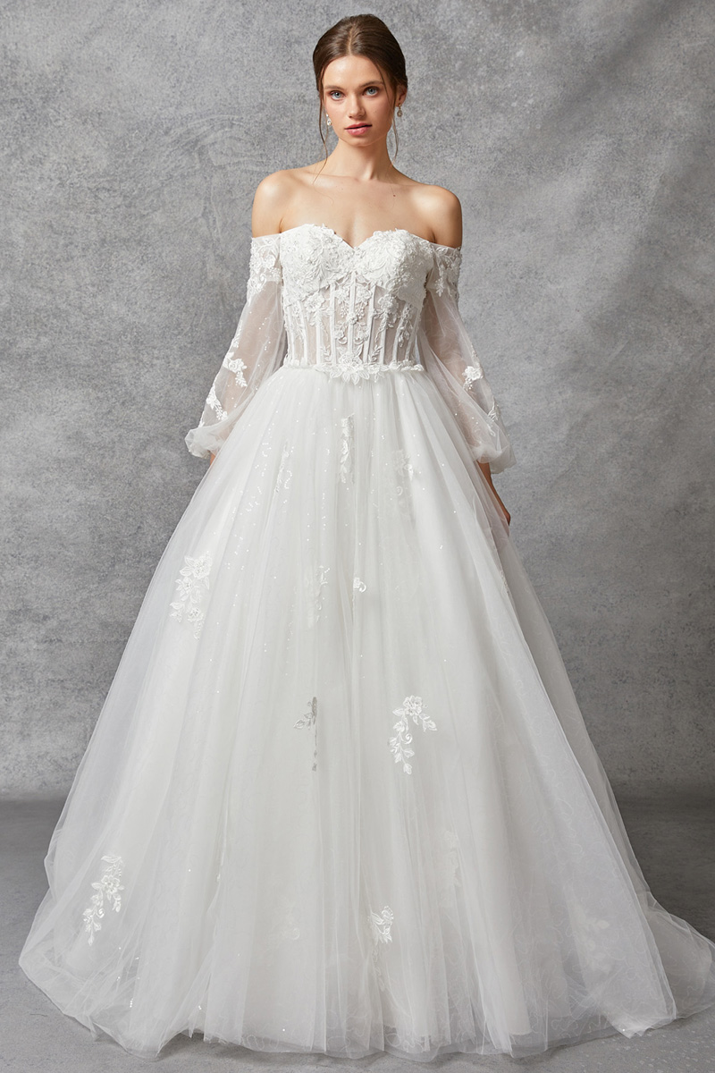 Long Sleeve Off Shoulder A Line Wedding Gown