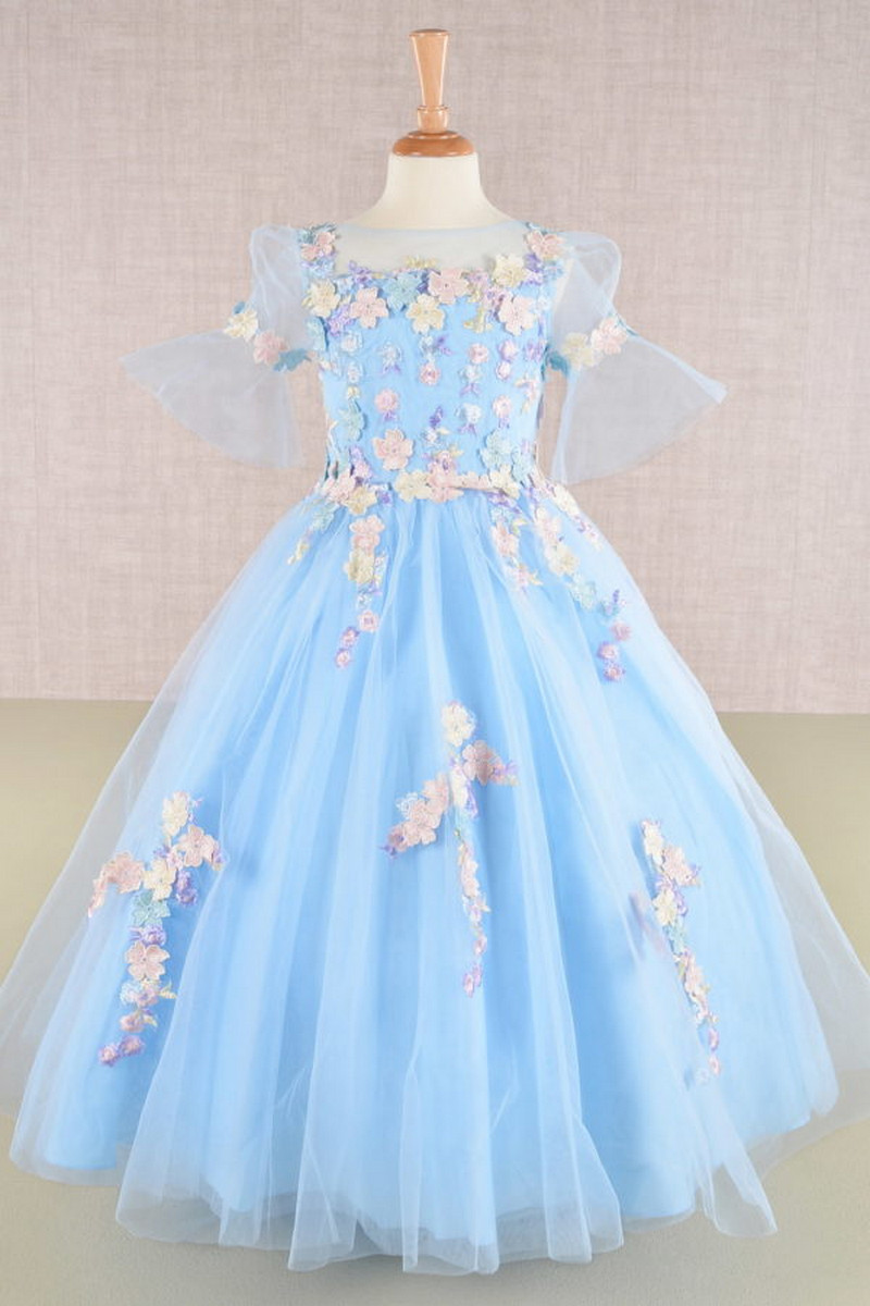 Sheer 1/2 Sleeve 3D Floral Applique Kids Dress