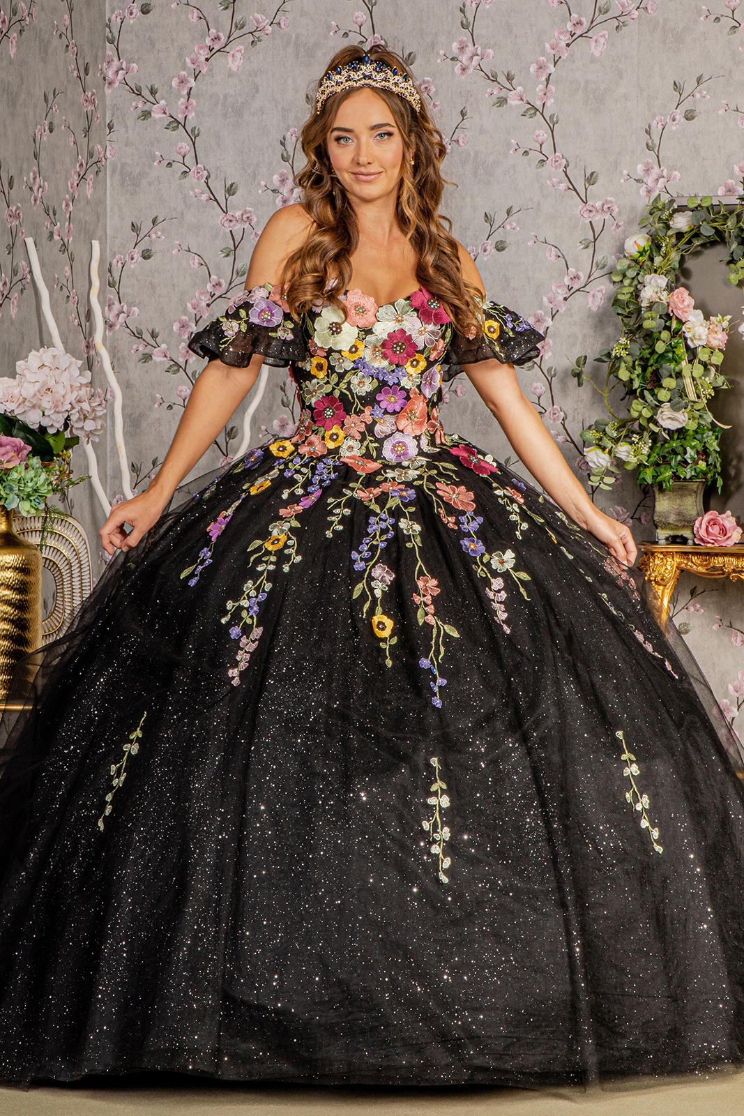 3D Floral Applique Glitter Quinceanera Ball Gown