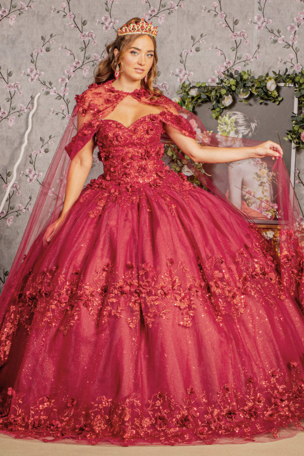 Glitter Print 3D Floral Applique Quinceanera Ball Gown