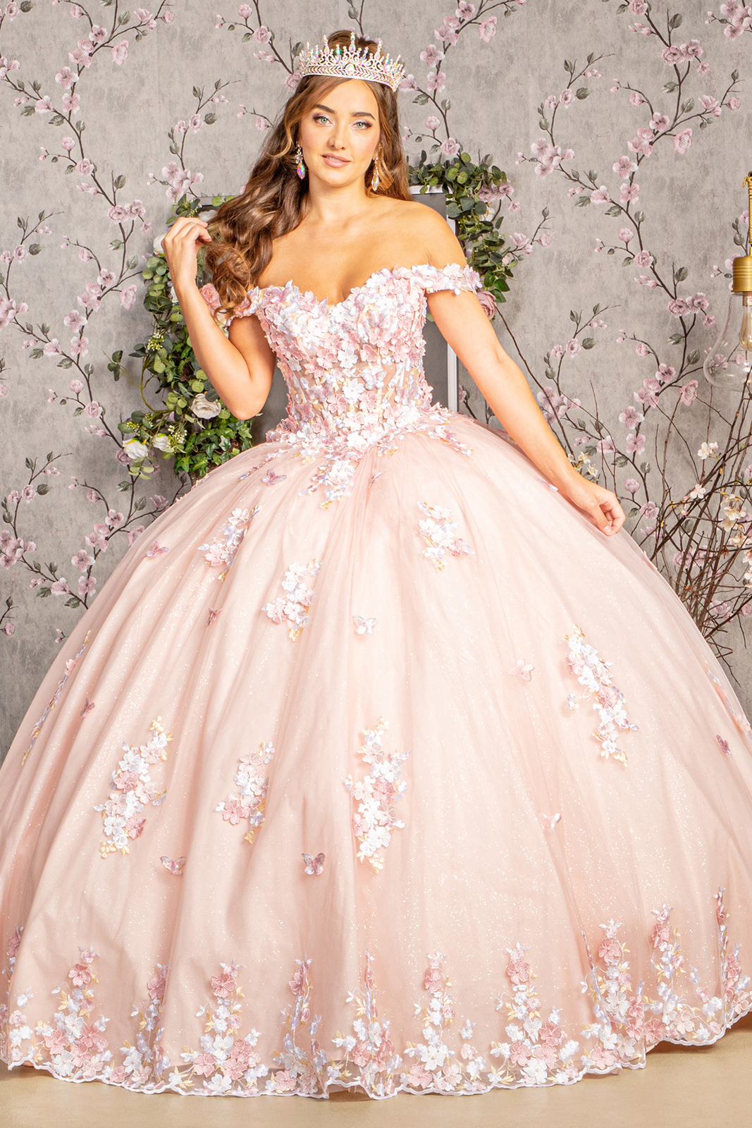 3D Floral Applique Bustier Illusion Top Quinceanera Ball Gown