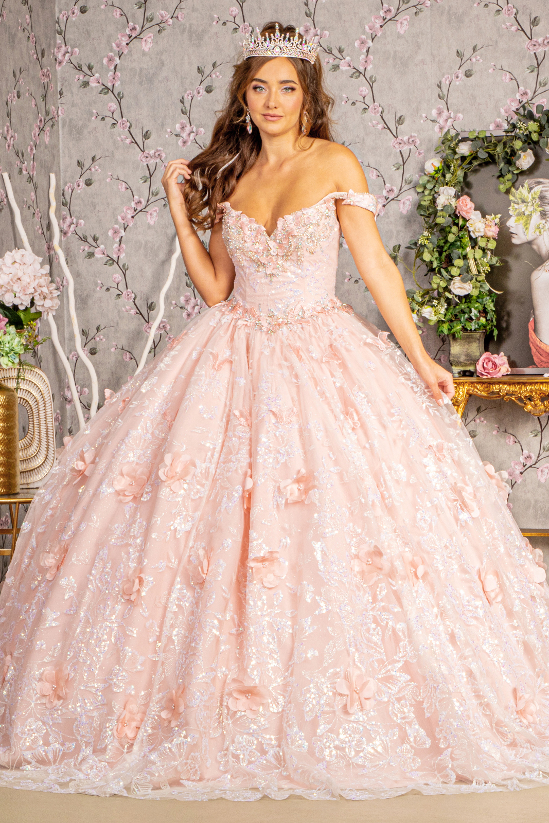 3D Butterfly Applique Off Shoulder Top Quinceanera Ball Gown