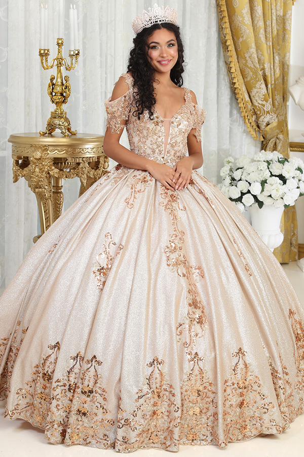 Off Shoulder Embellished Metallic Quinceanera Ball Gown