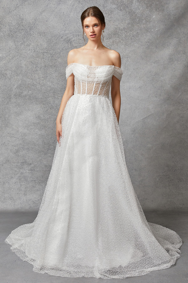 Off Shoulder Illusion Top Pearl Wedding Gown