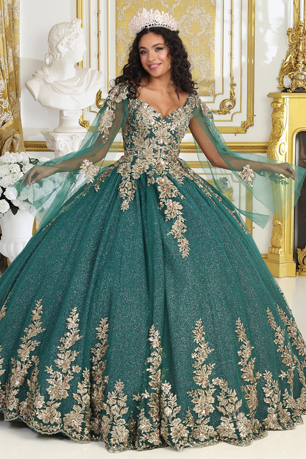 Cape Sleeve Floral Embroidery Beaded Quinceanera Ball Gown