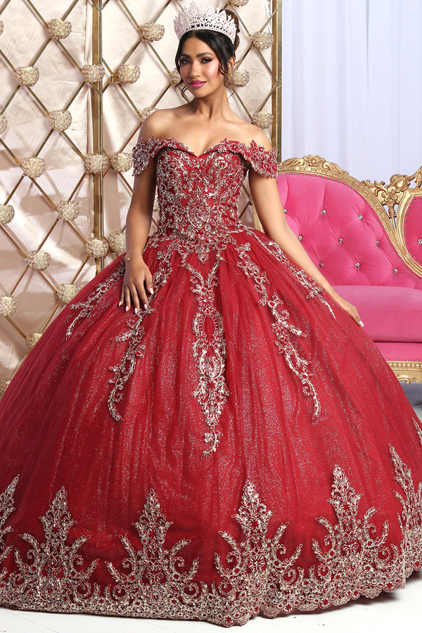 Off Shoulder Golden Embroidery Glitter Quinceanera Ball Gown