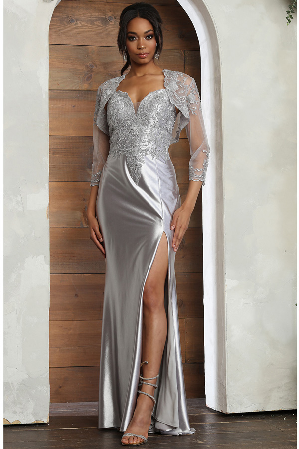 Lace Top/Satin Contrast Dress with 3Q Sleeve Bolero