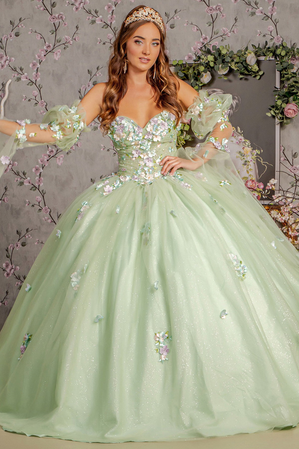 Floral Lace Detached Puff/Flyaway Sleeve Quinceanera Ball Gown