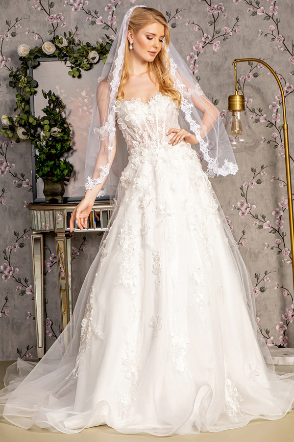 3D Floral Applique Off Shoulder A Line Wedding Gown