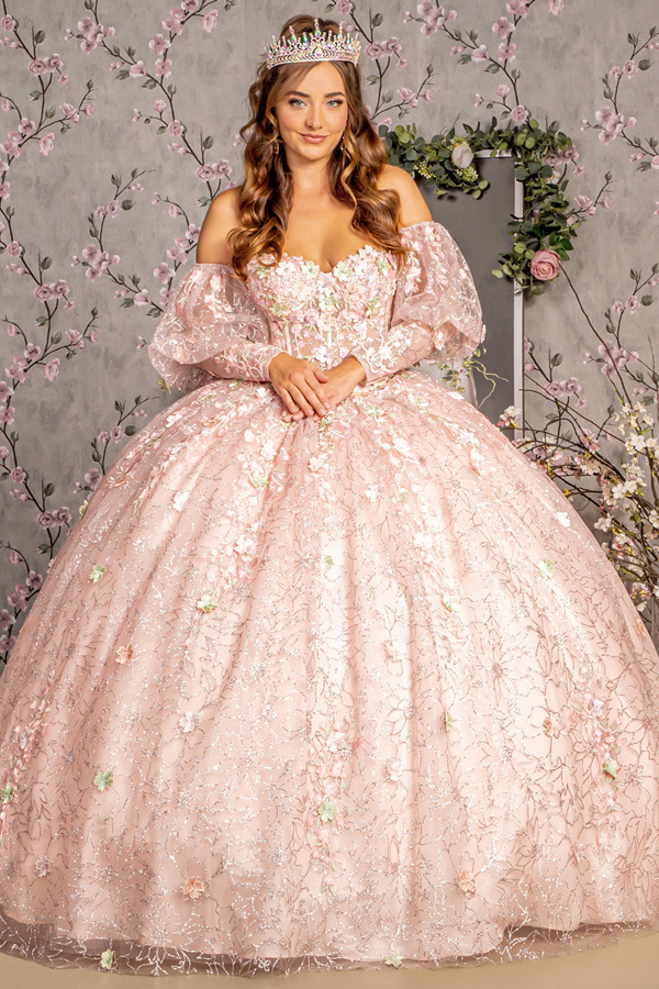 3D Floral Applique Off Shoulder Puff Sleeve Quinceanera Ball Gown