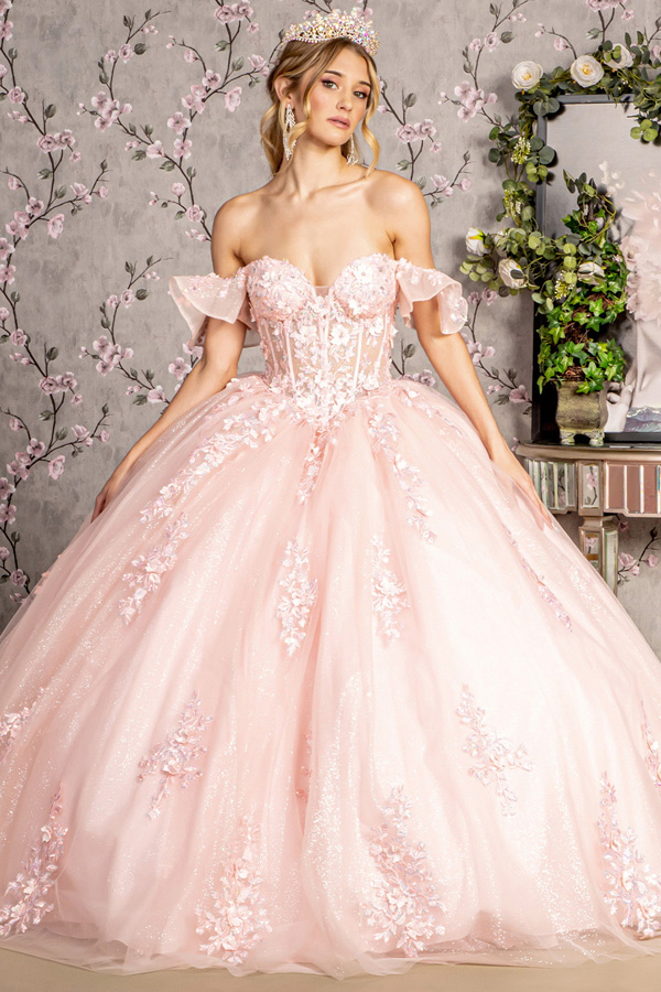 3D Floral Applique Bustier Illusion Top Quinceanera Ball Gown