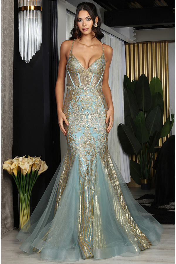 Golden Glitter Print Mermaid Dress