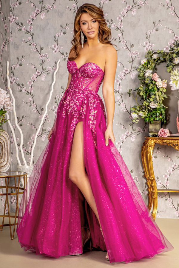 Sweetheart Bustier Illusion Top Glitter/Sequin A Line Dress