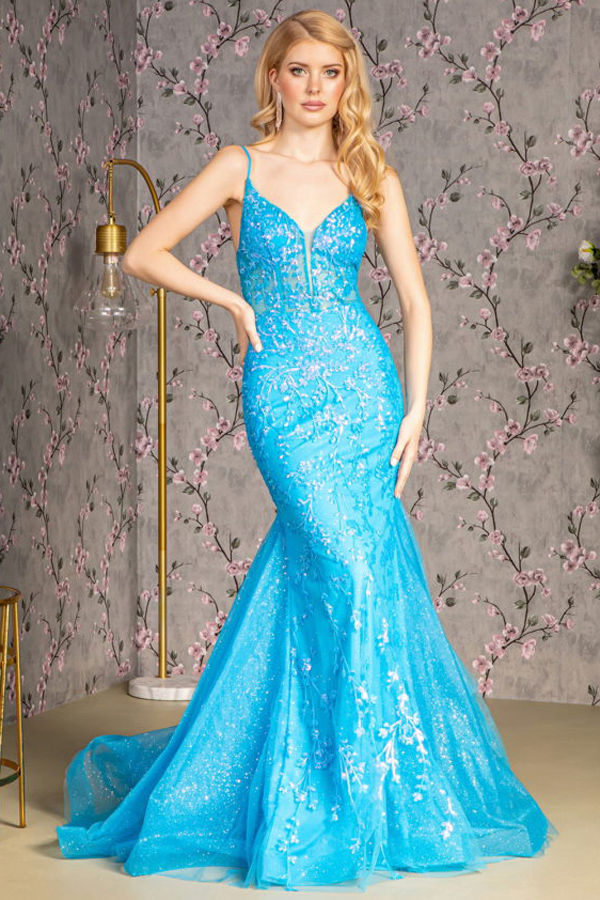 Deep V Neck Glitter Sequin Mermaid Dress
