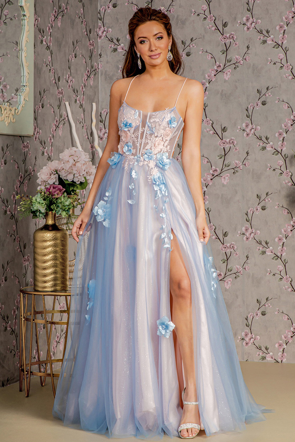 Bustier Illusion Top 3D Floral Applique A Line Dress