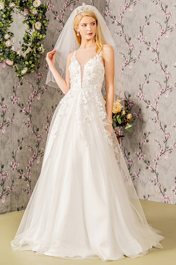 Sleeveless 3D Floral Applique A Line Wedding Gown