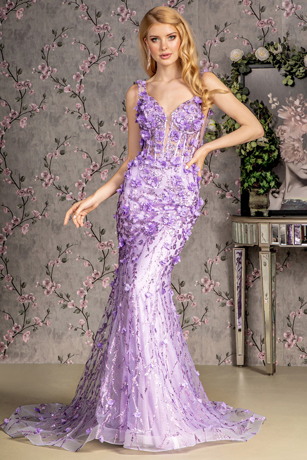 3D Floral Applique Glitter Print Mermaid Dress