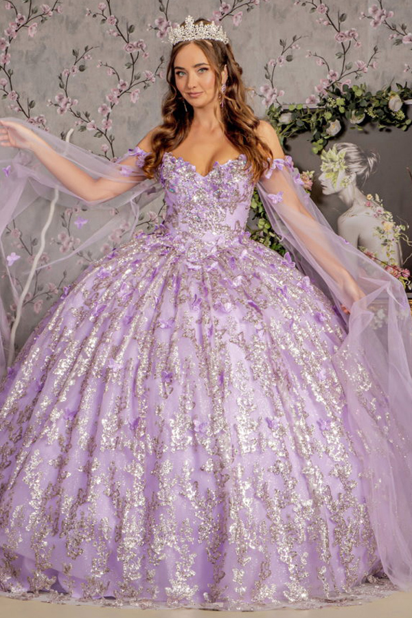 Off Shoulder Cape Sleeve Glitter Print Quinceanera Ball Gown