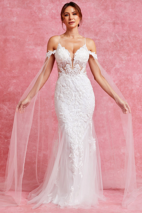 Off Shoulder Cape Sleeve Lace V Neck Mermaid Wedding Gown