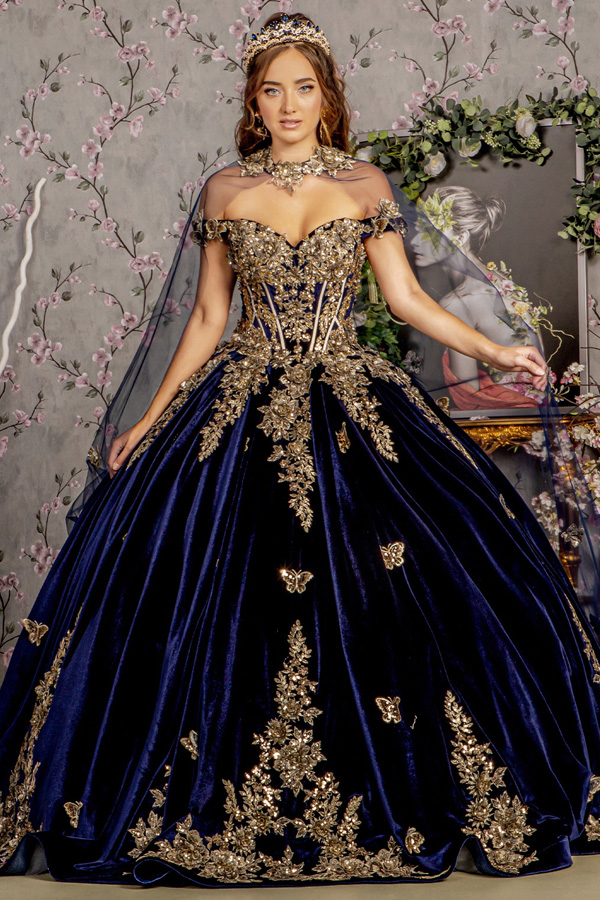 Golden Embroidery Velvet Quinceanera Ball Gown