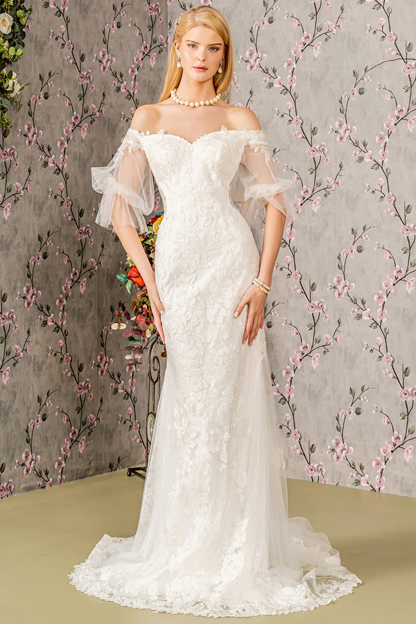 Off Shoulder Sheer Half Sleeve Lace Wedding Gown