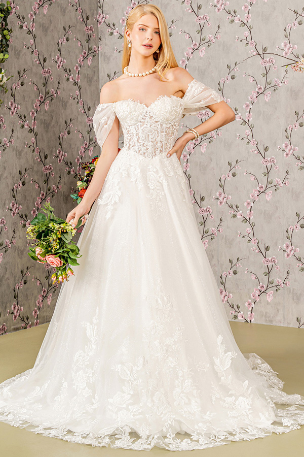 Off Shoulder Sheer Sleeve Lace Wedding Gown