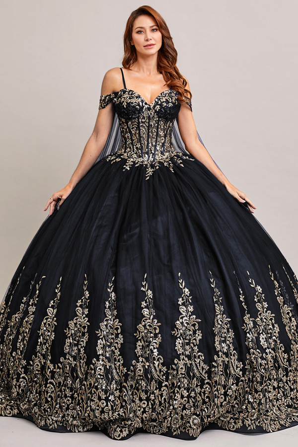 Off Shoulder Sweetheart Golden Embroidery Quinceanera Ball Gown