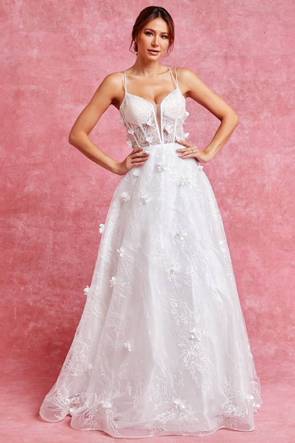 3D Floral Applique Glitter Sequin Wedding Dress