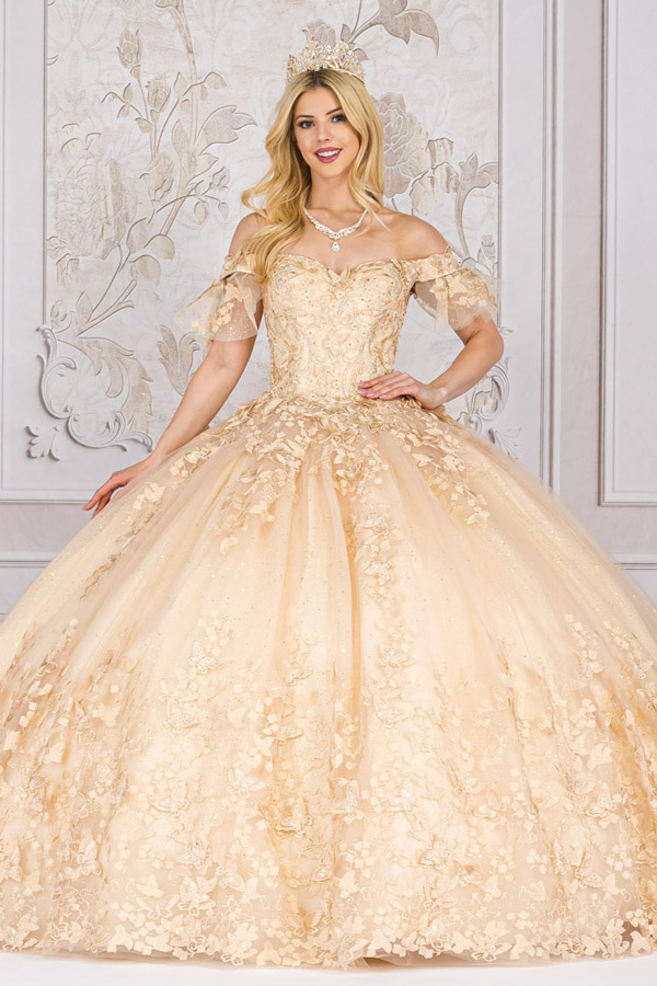 Off Shoulder Detachable Ruffle Sleeve Quinceanera Ball Gown