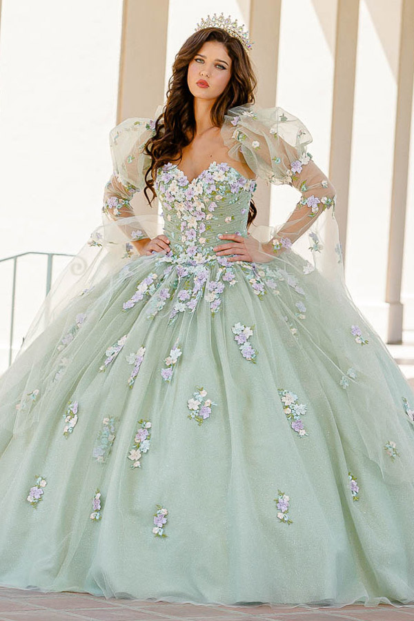 Detached Sheer Puff Sleeve Sweetheart Quinceanera Ball Gown