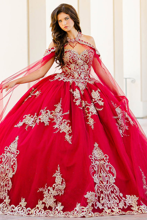 Golden Embroidery Cape Quinceanera Ball Gown
