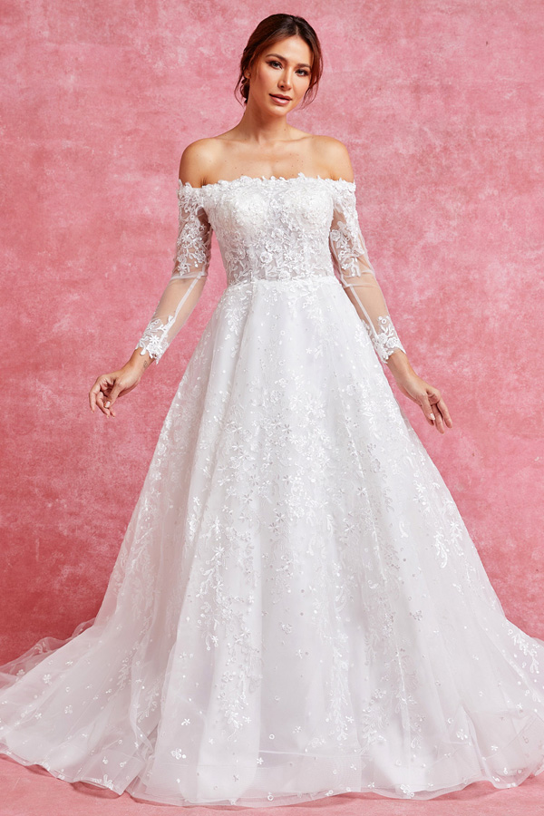 Straight Across Top Long Sleeve A Line Wedding Gown