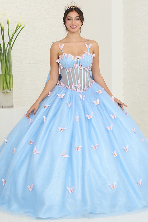 Skinny Straps Bustier Illusion Top Quinceanera Ball Gown