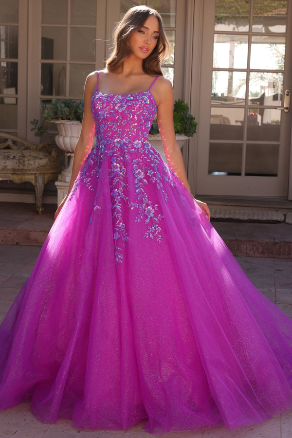 Skinny Straps Straight Across Top Sequin Detail A Line Ball Gown