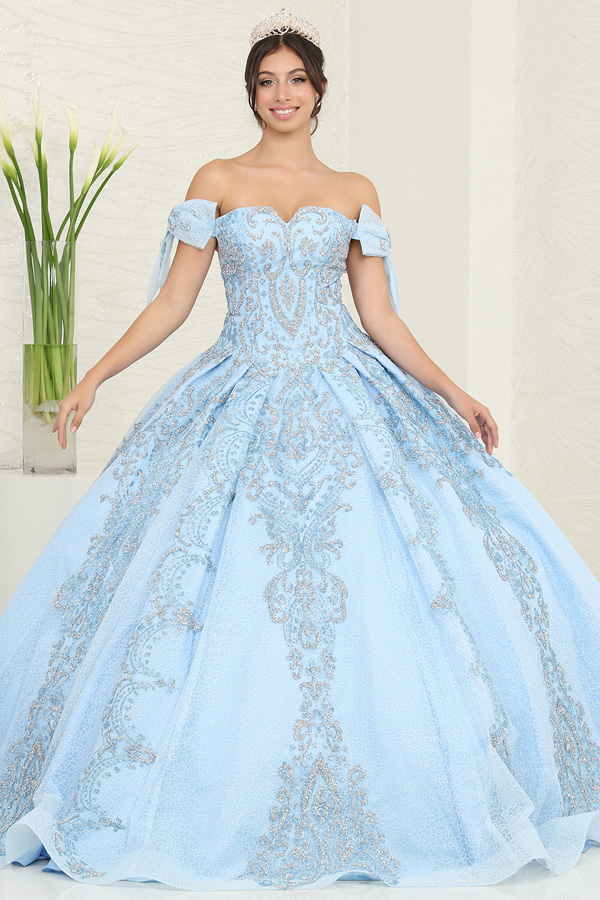 Off Shoulder Bow Sleeve Glitter Print Quinceanera Ball Gown