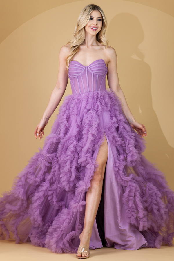 Strapless/Sleeveless Sweetheart Bustier Illusion Top Ruffle Dress