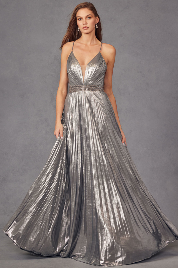 Skinny Straps Metallic Pleated Dress with Jewel Detail