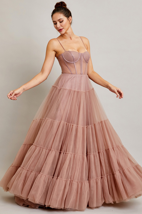 Strapless Sweetheart Bustier Illusion Top A Line Dress