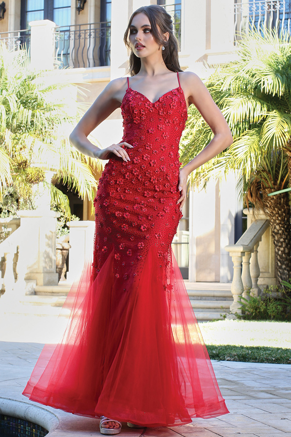 Skinny Straps Sweetheart 3D Floral Applique Mermaid Dress