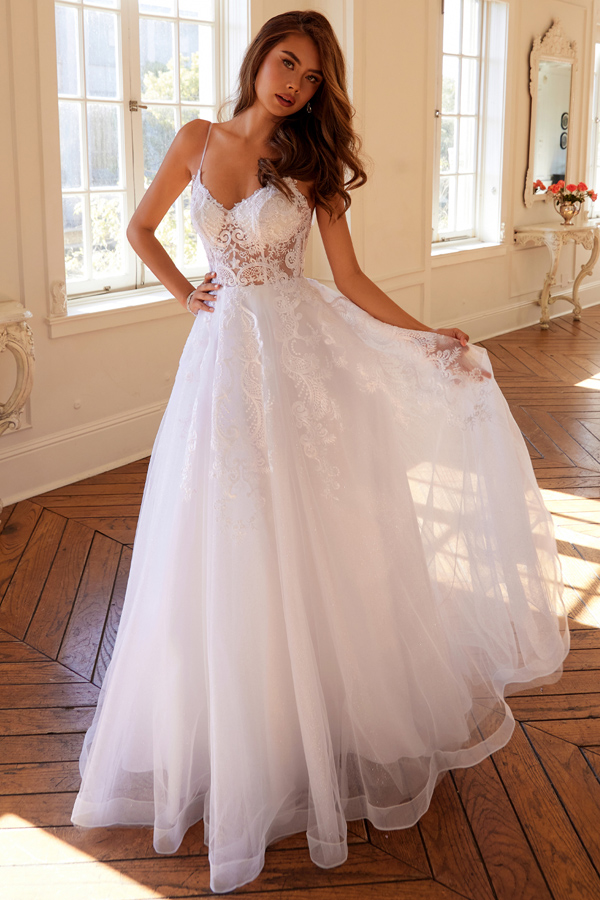 Sleeveless Illusion V Neckline A Line Wedding Gown