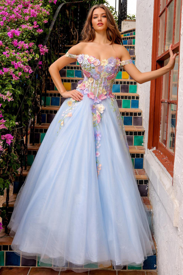 Off Shoulder 3D Floral Applique A Line Ball Gown