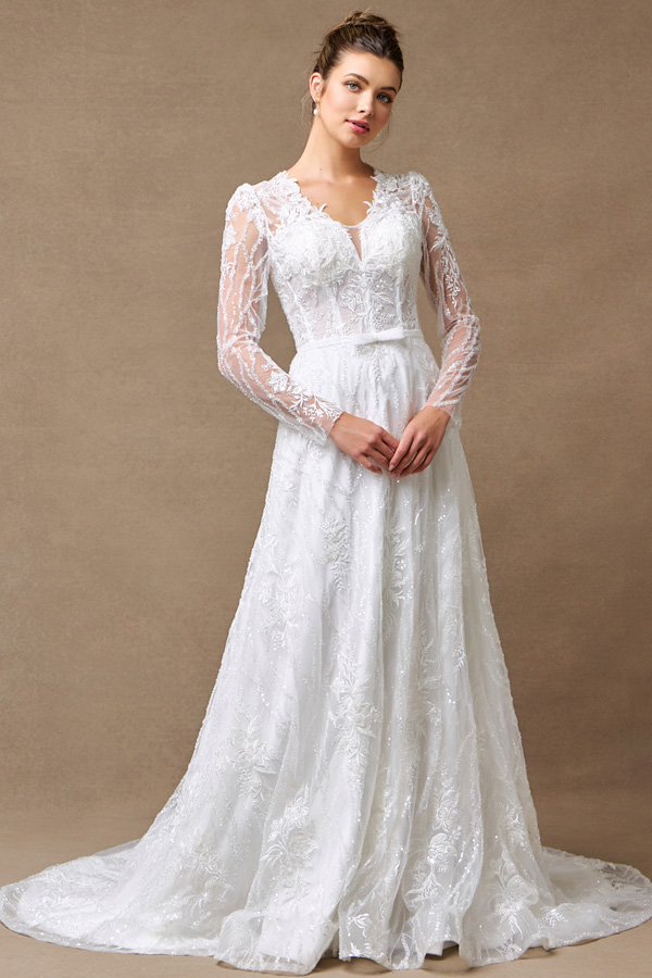 Sheer Long Sleeve A Line Wedding Dress