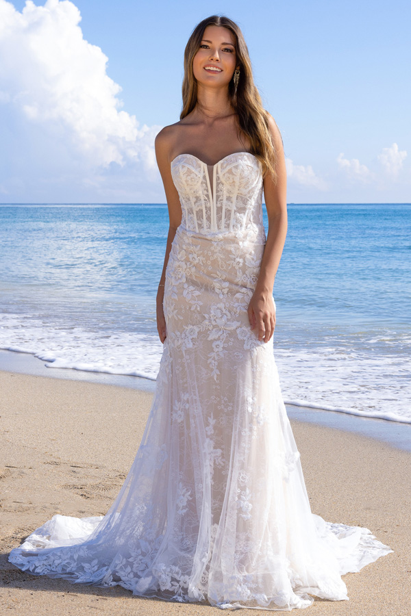 Sweetheart Bustier Illusion Top Chapel Train Wedding Gown