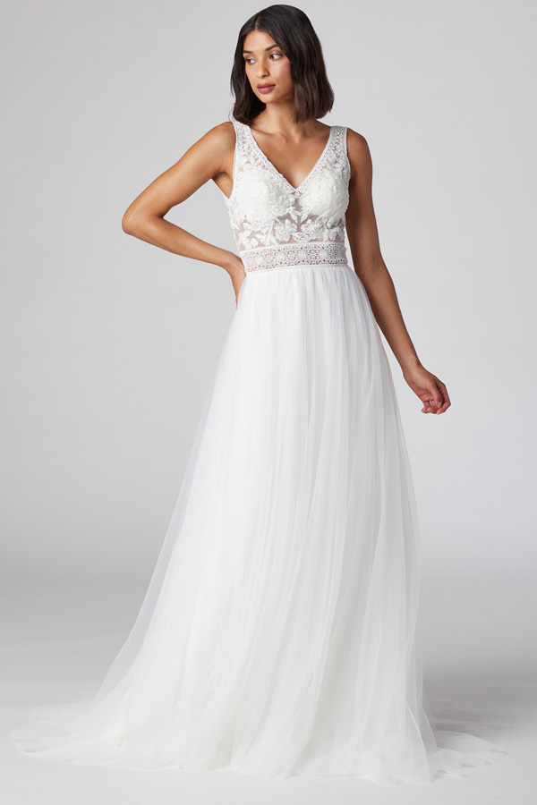 Deep V Neck Sleeveless A Line Wedding Gown