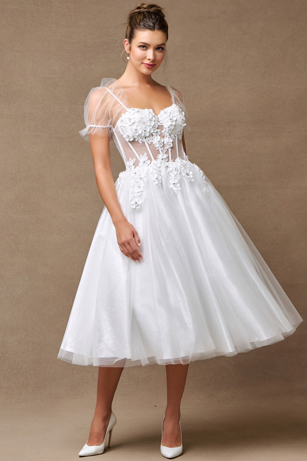 Sheer Short Sleeve 3D Applique Midi Wedding Gown