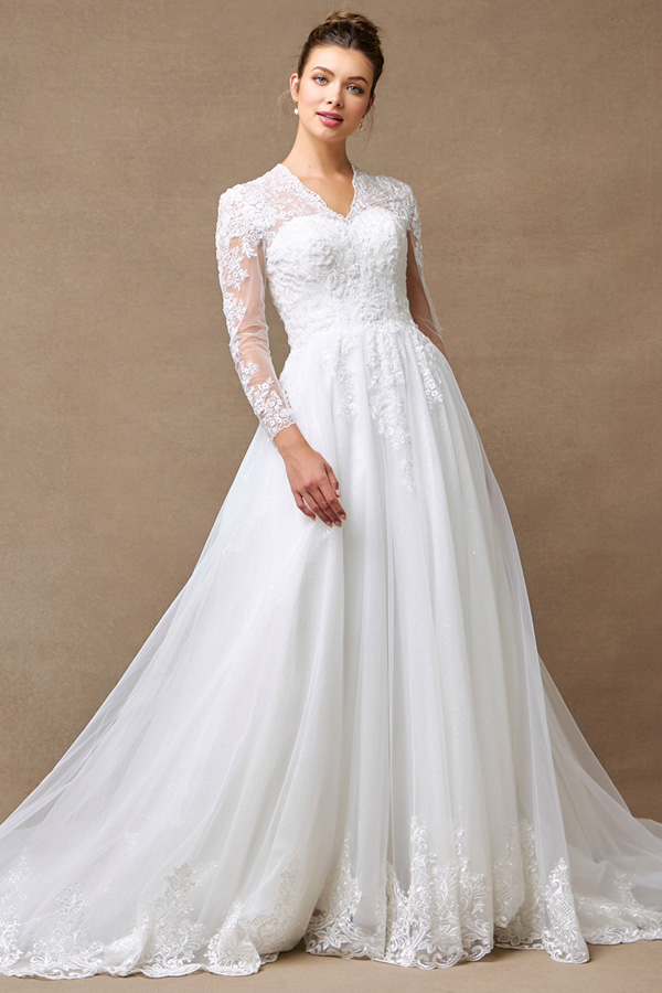 Sheer Long Sleeve V Neckline A Line Wedding Gown