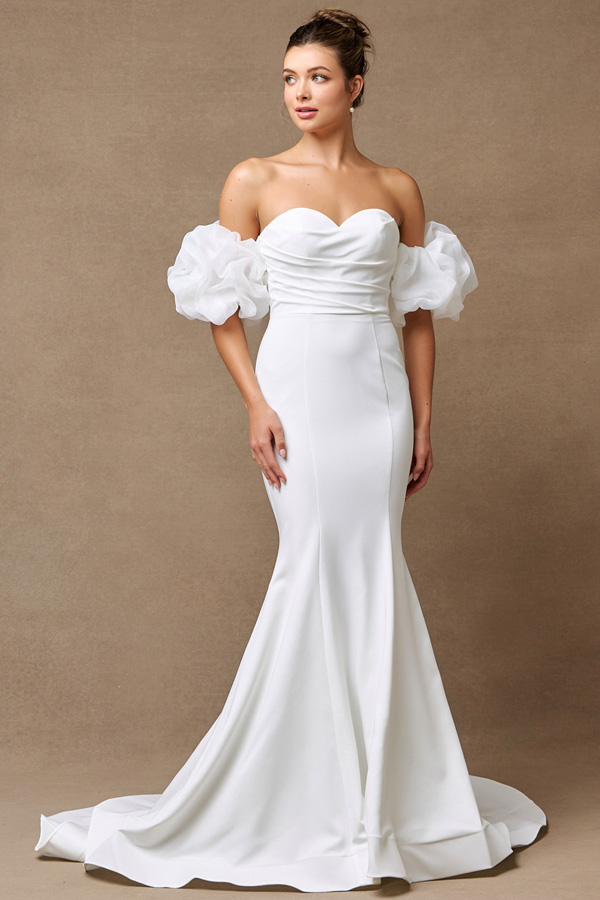 Detachable Off Shoulder Ruffle Sleeve Mermaid Wedding Gown