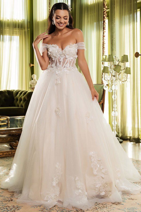 Off Shoulder Bustier Corset A Line Wedding Gown