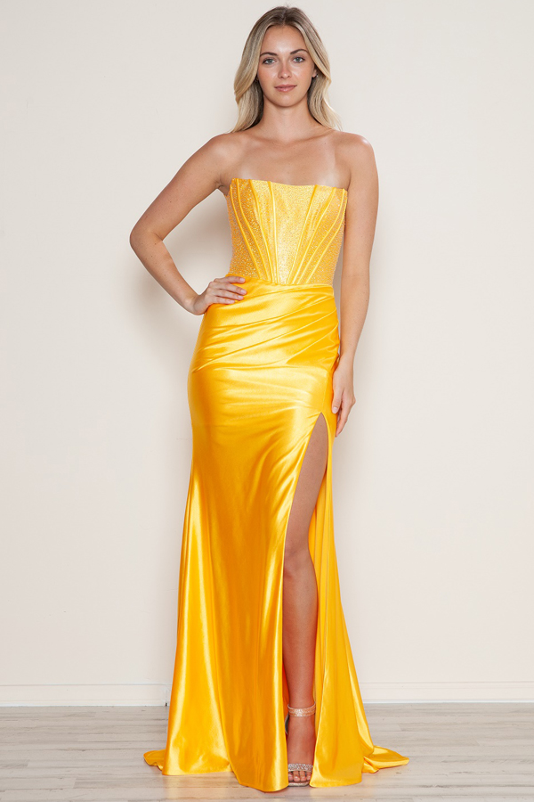 Off Shoulder Bustier Top Rhinestone Span Satin Sheath Dress